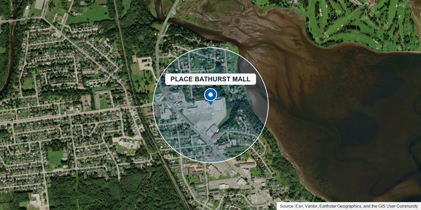 Satellite location map of Place Bathurst Mall, 1300 St Peter Ave, Bathurst, with a property pin and translucent circular area highlight.