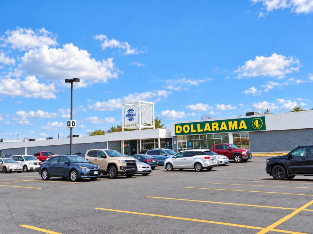 Dollarama storefront and Place Bathurst Mall entrance beside the parking area under a blue sky.