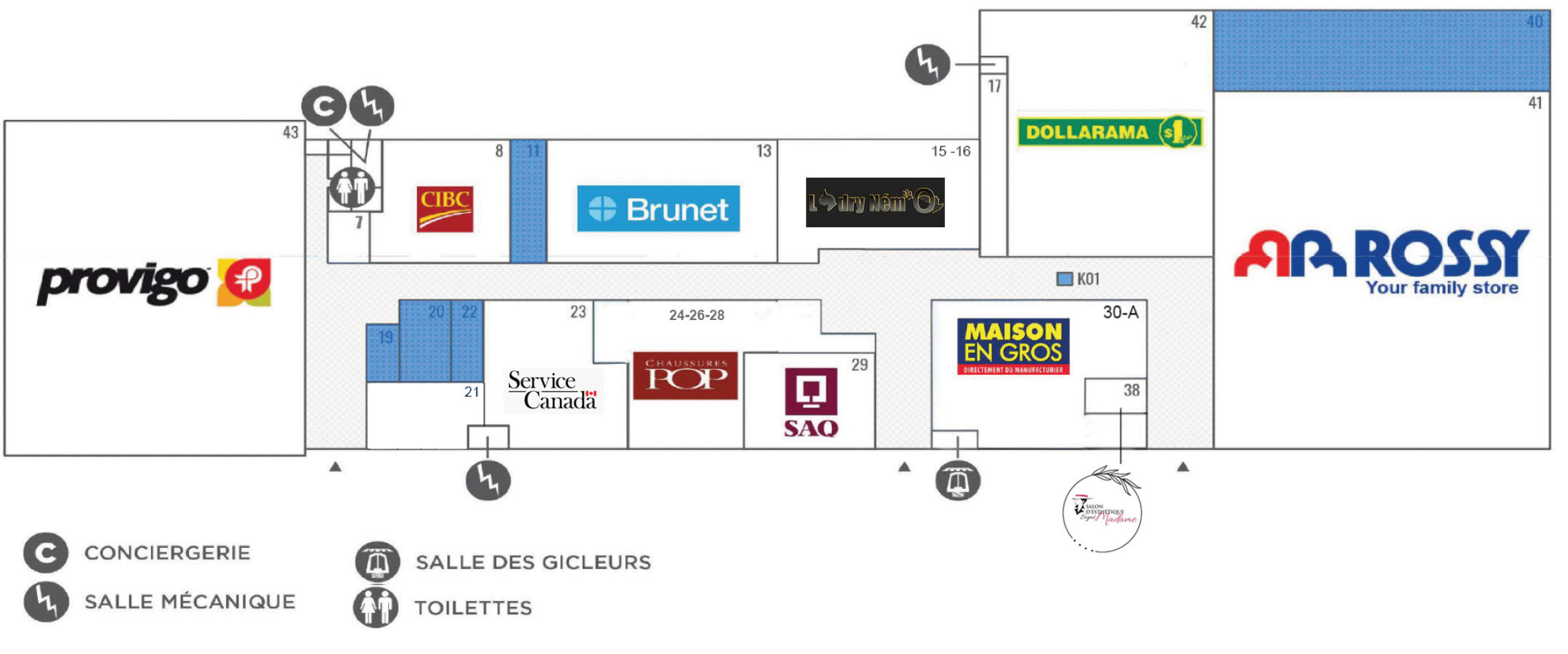 Static floor plan of Galeries Baie-Comeau with original tenant labels and source availability colours